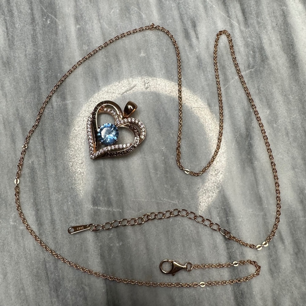 Rose Gold 925 Sterling Silver Blue Heart Necklace I Love You Always and Forever - Picture 8 of 9
